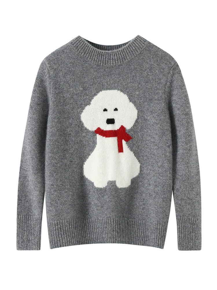Kids Soft Puppy Intarsia Thick Cashmere Crew Neck Sweater